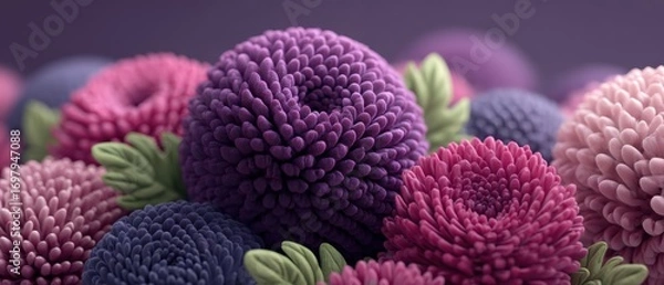 Obraz Close-up view of colorful decorative pom-poms in shades of purple pink red and blue with detailed texture and soft background