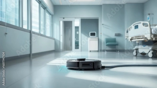 Fototapeta Autonomous Robotic Floor Cleaner Sanitizing Modern Hospital Corridor with Blue Light Trail