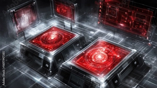 Obraz Futuristic Red Data Core: Abstract Technology Interface with Glowing Screens and Complex Circuitry