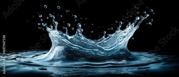 Obraz Close-up of a dynamic splash of clear water with droplets and ripples on a black background, highlighting fresh liquid movement and fluid nature