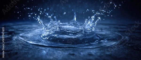 Obraz High detailed close-up image of a water droplet splash creating ripples and splashes with a dark background emphasizing motion and fluidity