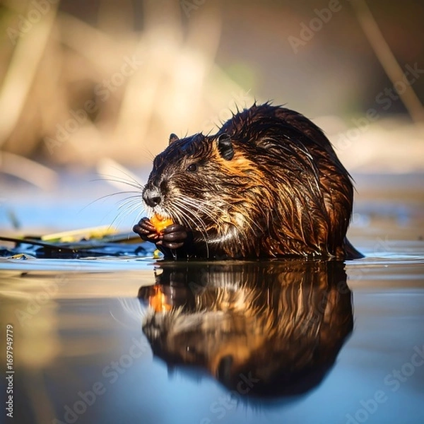 Obraz Nutria eating a carrot in water