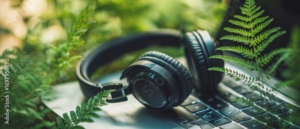 Fototapeta The Headphones Resting on a Laptop Keyboard Surrounded by Fern Leaves in Nature