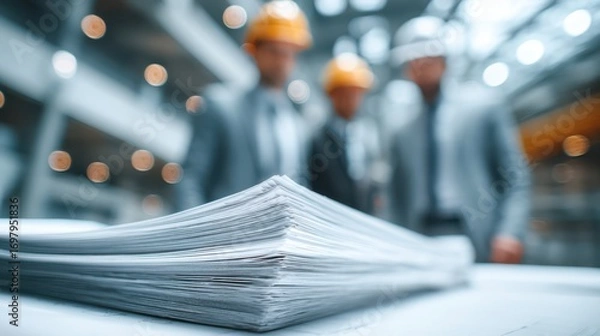 Fototapeta A stack of documents in the foreground with blurred figures in hard hats and suits in the background, indicating a construction or business meeting.