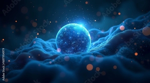 Fototapeta Intelligent Digital Orb with Cosmic Particles and Glowing Nebula Clouds A Conceptual Representation of Advanced Technology and Artificial Intelligence, Machine Learning, and Data Visualization Systems