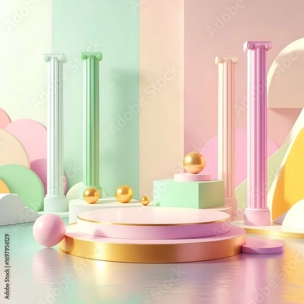 Fototapeta Elegant 3D rendering of a pink and gold podium with classical pillars on a reflective floor, set against a soft pastel background