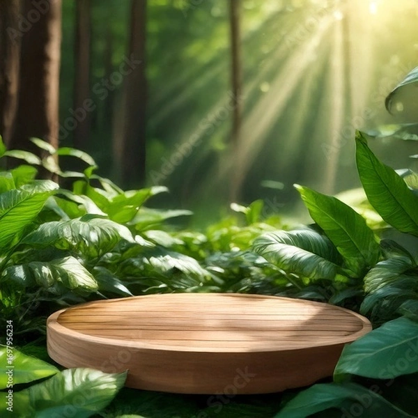Fototapeta Serene forest display podium bathed in golden sunlight, perfect for showcasing nature-inspired products or mindful lifestyle themes
