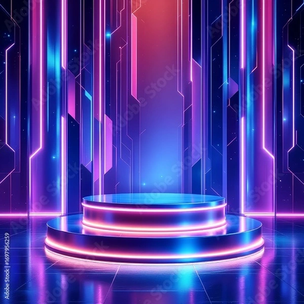 Fototapeta Neon Cyberpunk Podium Futuristic Stage with Glowing Lights and Reflective Surface