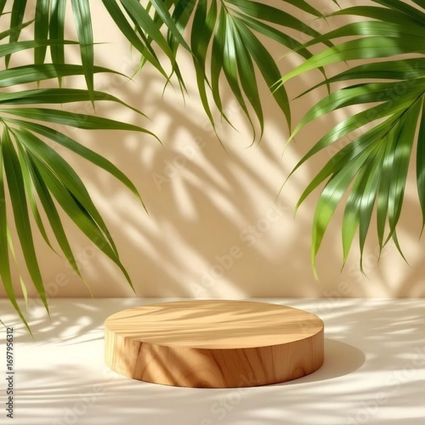 Fototapeta Wooden product display podium with natural light and tropical palm leaf shadows on a minimalist beige background, ideal for elegant showcases and modern design concepts