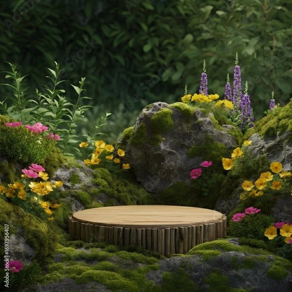 Fototapeta Wooden podium surrounded by lush greenery, featuring rocks, flowers, and plants. Perfect for product displays, presentations, and showcasing items within a natural setting