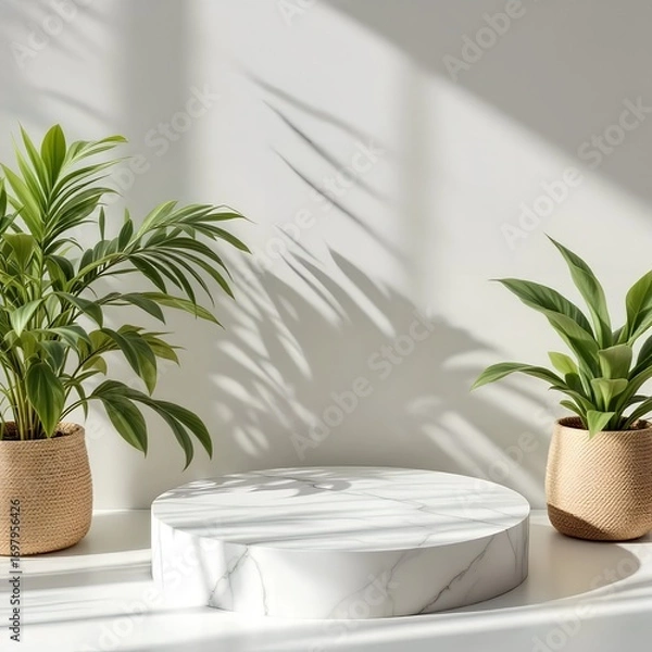 Fototapeta Elegant marble podium display for product presentation, surrounded by potted plants with natural shadows, creating a serene and minimalist aesthetic