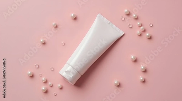 Fototapeta Elegant white cosmetic tube surrounded by shimmering pearls and delicate water droplets on a soft pink background, product mockup