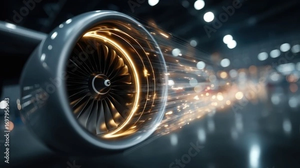 Fototapeta A close-up view of a jet engine turbine, showcasing dynamic motion with glowing elements and a blurred background, highlighting aviation technology.