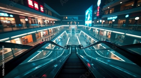 Fototapeta Modern shopping mall interior with escalators and glowing signs, a vibrant and futuristic commercial hub showcasing retail spaces and consumer activity