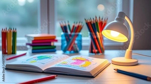 Fototapeta Cozy children's study desk, open drawing book with colorful art, vibrant pencils, creative supplies, warmly lit, fostering imagination and learning