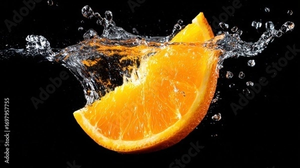 Fototapeta Fresh Orange Slice Splashed in Water with Dynamic Droplets, High Definition Close-Up Photo of Juicy Fruit Segment on Black Background