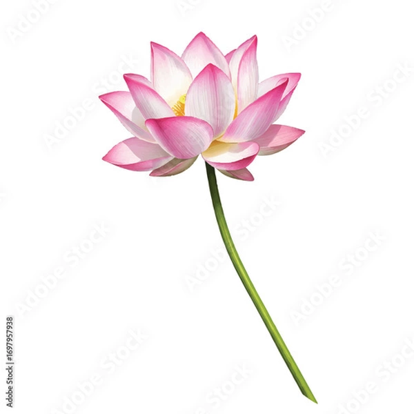 Fototapeta Realistic 2D vector illustration features a vibrant pink or white lotus flower with a graceful green stem isolated on a pure white background, symbolizing purity and growth.