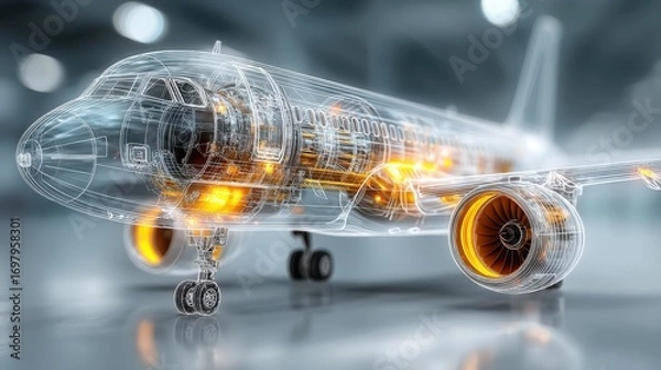 Fototapeta A futuristic aircraft design showcases intricate internal mechanics with glowing components, highlighting advanced engineering and technology.