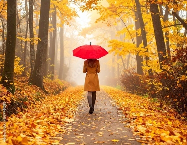 Obraz Person walking through an autumn forest with golden leaves, holding a bright red umbrella, creating a peaceful and colorful fall atmosphere