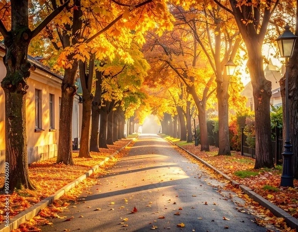 Obraz Charming cobblestone street lined with golden autumn trees glowing in warm sunlight, creating a peaceful and picturesque fall atmosphere.
