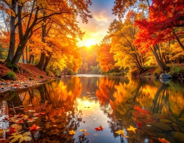 Obraz Stunning autumn landscape with vibrant red, orange, and yellow trees reflected in a calm river at sunset, showcasing the beauty of fall.