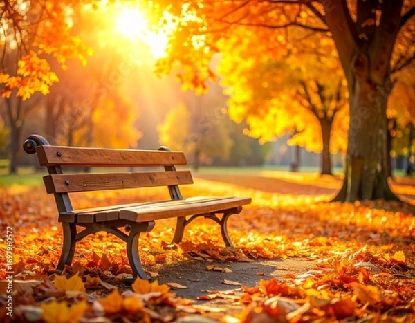 Obraz Wooden park bench surrounded by golden autumn leaves under glowing sunlight, capturing the peaceful beauty of fall season in nature.