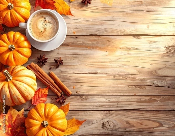 Obraz Autumn flat lay with a cup of latte art, pumpkins, cinnamon sticks, and colorful fall leaves on rustic wooden table. Cozy seasonal composition for autumn, coffee, and holiday themes.