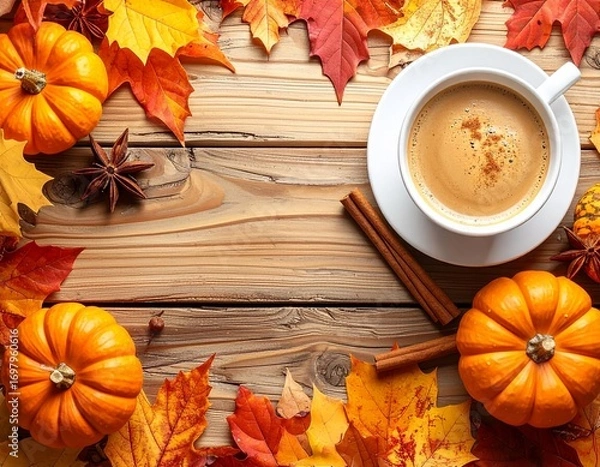 Obraz Autumn flat lay with a cup of latte art, pumpkins, cinnamon sticks, and colorful fall leaves on rustic wooden table. Cozy seasonal composition for autumn, coffee, and holiday themes.