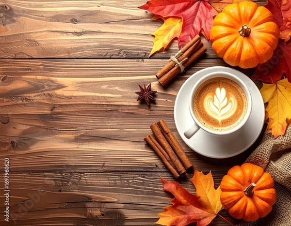 Obraz Autumn flat lay with a cup of latte art, pumpkins, cinnamon sticks, and colorful fall leaves on rustic wooden table. Cozy seasonal composition for autumn, coffee, and holiday themes.