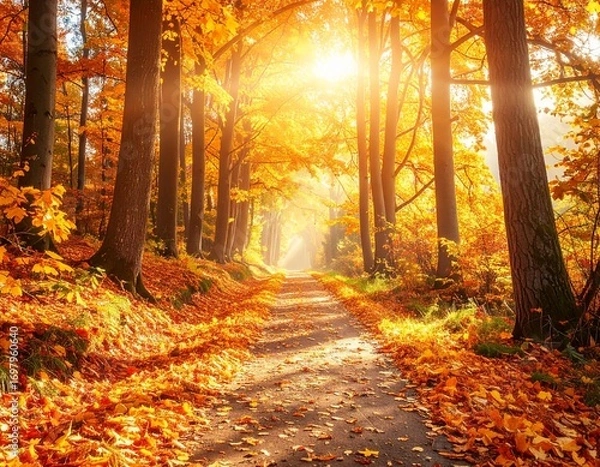 Obraz Scenic autumn forest with golden sunlight shining through colorful fall leaves, creating a warm and peaceful seasonal landscape. Perfect for nature, travel, and seasonal themes.