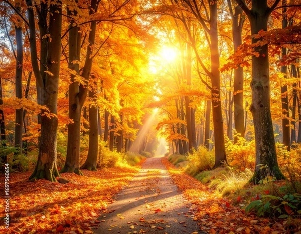Obraz Scenic autumn forest with golden sunlight shining through colorful fall leaves, creating a warm and peaceful seasonal landscape. Perfect for nature, travel, and seasonal themes.