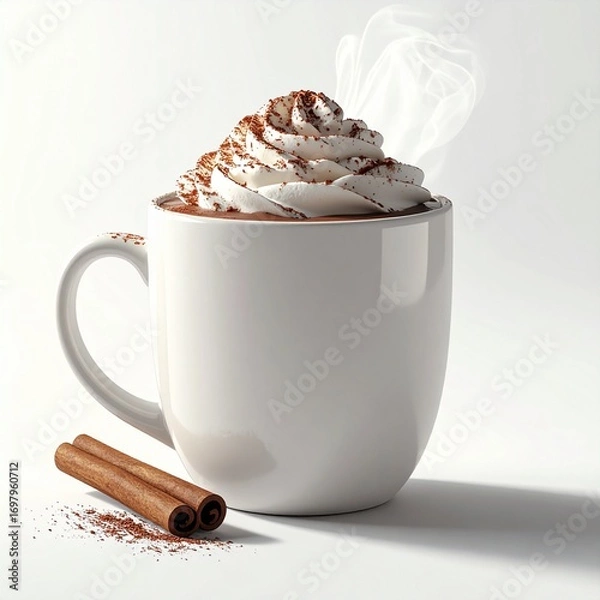 Obraz Steaming hot chocolate in a white mug, topped with whipped cream and cocoa powder, with chocolate drips on the cup. Cozy winter drink with cinnamon sticks on the side.