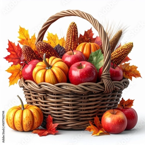 Obraz Autumn basket filled with pumpkins, apples, corn, and colorful leaves, symbolizing harvest, thanksgiving, and the cozy beauty of the fall season.