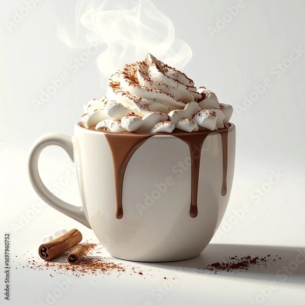 Obraz Steaming hot chocolate in a white mug, topped with whipped cream and cocoa powder, with chocolate drips on the cup. Cozy winter drink with cinnamon sticks on the side.
