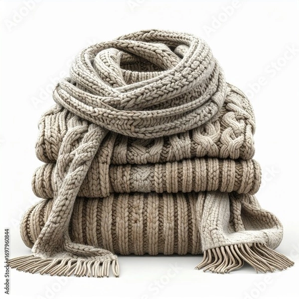 Obraz Stack of cozy knitted sweaters with a scarf, symbolizing warmth, comfort, and autumn fashion. Perfect for fall, winter, and seasonal lifestyle themes.