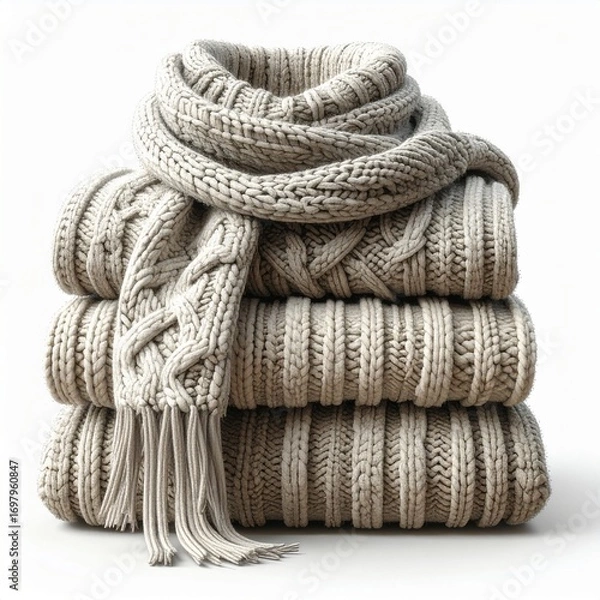 Obraz Stack of cozy knitted sweaters with a scarf, symbolizing warmth, comfort, and autumn fashion. Perfect for fall, winter, and seasonal lifestyle themes.