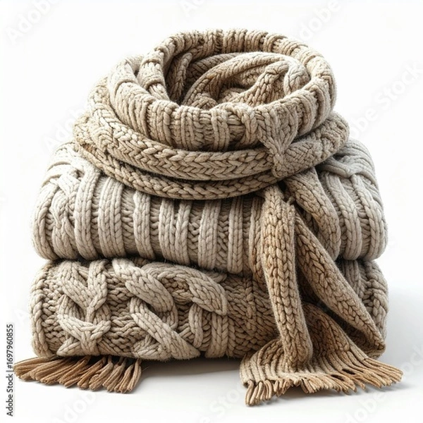 Obraz Stack of cozy knitted sweaters with a scarf, symbolizing warmth, comfort, and autumn fashion. Perfect for fall, winter, and seasonal lifestyle themes.