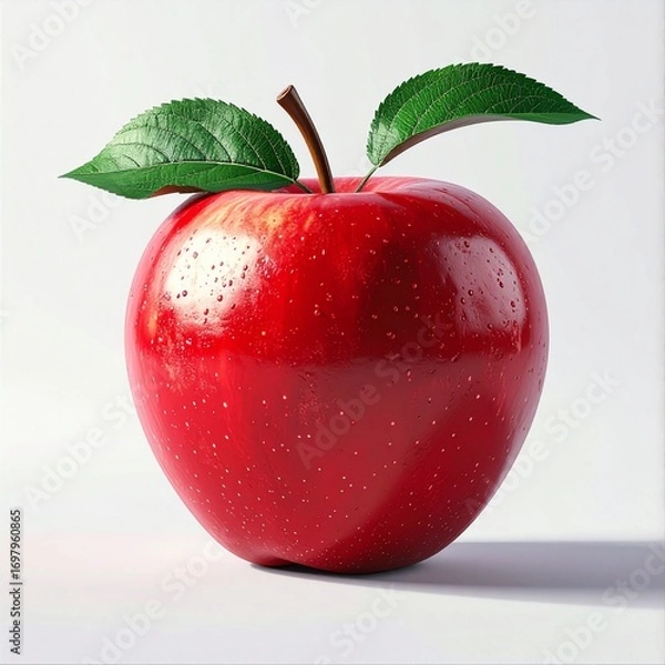 Obraz Fresh red apple with a green leaf and water droplets, symbolizing health, freshness, and the flavors of autumn harvest. Perfect for seasonal, food, and nature themes.