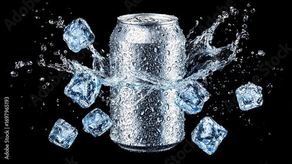 Fototapeta Cold aluminum soda can with ice cubes and water splash isolated on black background with refreshing detail