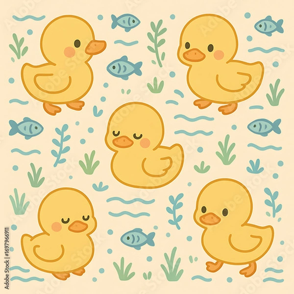Fototapeta duck and fish pattern kawaii