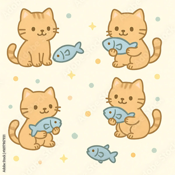 Fototapeta seamless pattern with cats and fish