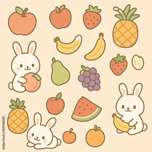 Fototapeta seamless pattern with fruits and rabbit