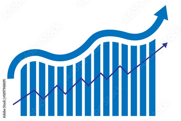 Fototapeta Bar chart with upward trending blue arrow isolated on transparent background