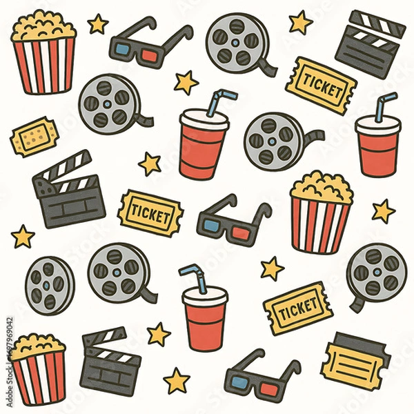 Fototapeta seamless pattern with cinema, popcorn and soda