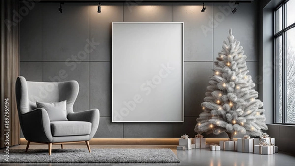 Fototapeta Minimalist Room with Christmas Tree and Large Wall Poster Mockup