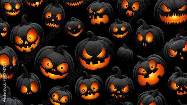 Fototapeta Seamless Halloween pattern of spooky glowing pumpkins on black background