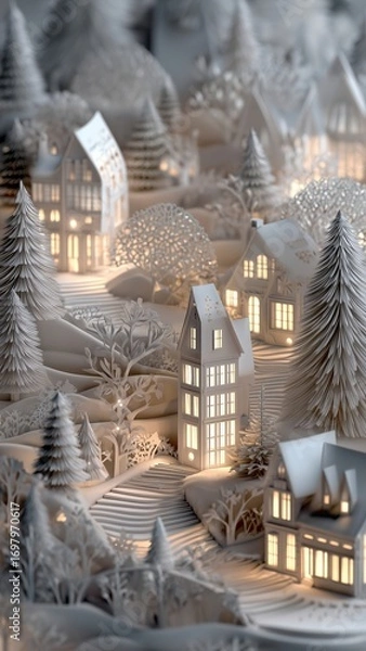 Fototapeta White paper art winter village with glowing houses and trees
