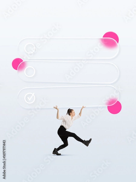 Fototapeta Woman lifting oversized toggle switches in surreal digital interface collage. Concept of decision making, control, user experience, responsibility and work balance.