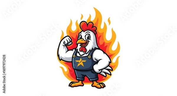 Fototapeta Cartoon Chicken Mascot Flexing Bicep in Overalls Surrounded by Flames Illustration