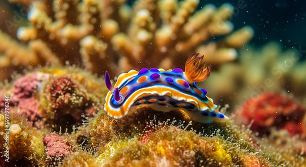 Fototapeta Underwater close-up of nudibranch on colorful coral with detailed textures